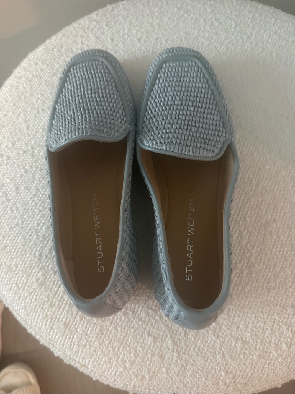 Stuart Weitzman Pale Blue Woven Slip-On Loafers. NEVER WORN. ORIG. $315